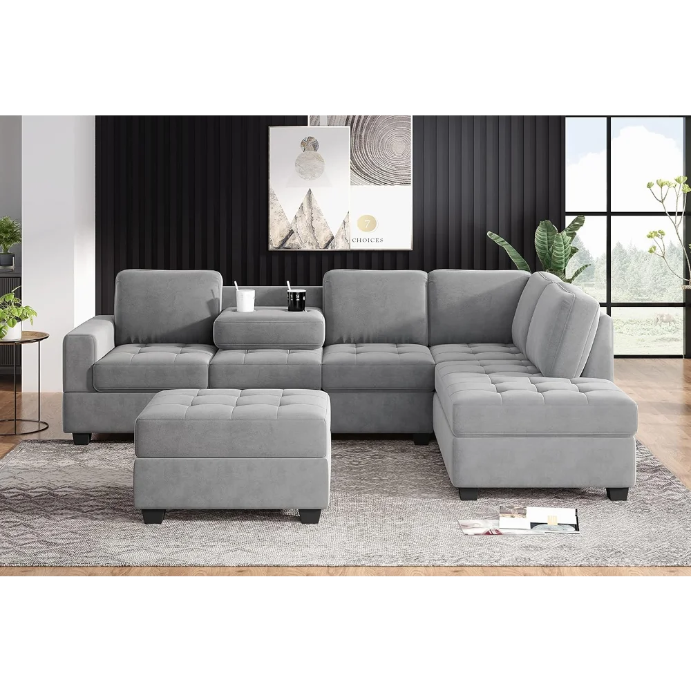 

112'' Modern Sectional Sofa with Reversible Chaise, L Shaped Couch Set with Storage Ottoman and Two Cup Holders for Living Room