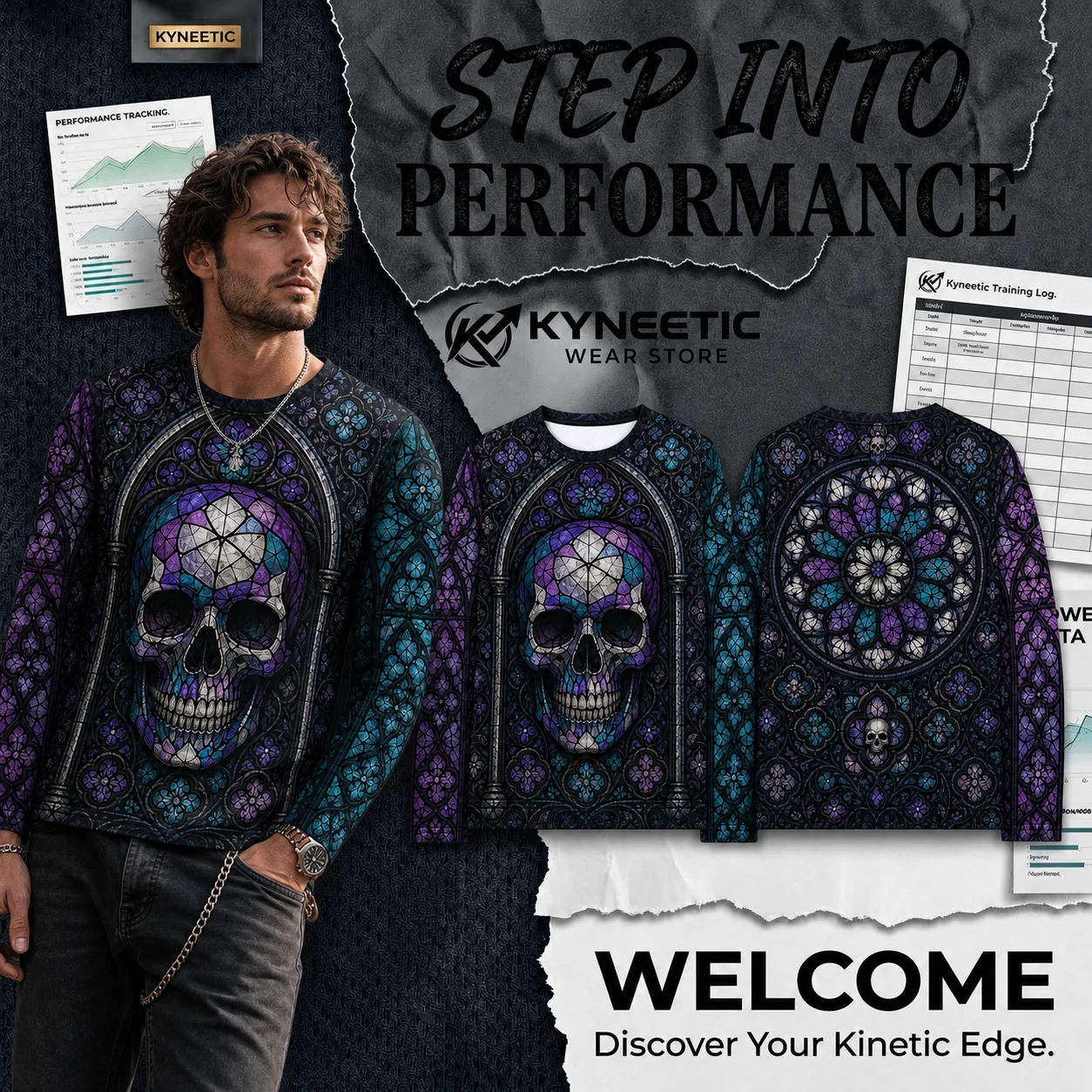 Men's 3D Gothic Cathedral Skull Graphic T-Shirt Halloween Stained Glass Long Sleeve Tee Church Party Streetwear Loose Outfits