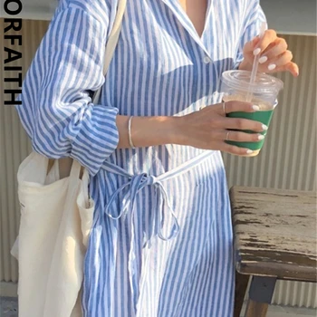 Colorfaith-스트라이프 레이스 업 코튼 린넨 셔츠 드레스 여성용, 한국 패션 시크 롱 드레스 DR2268 2023 신상품 봄 여름 