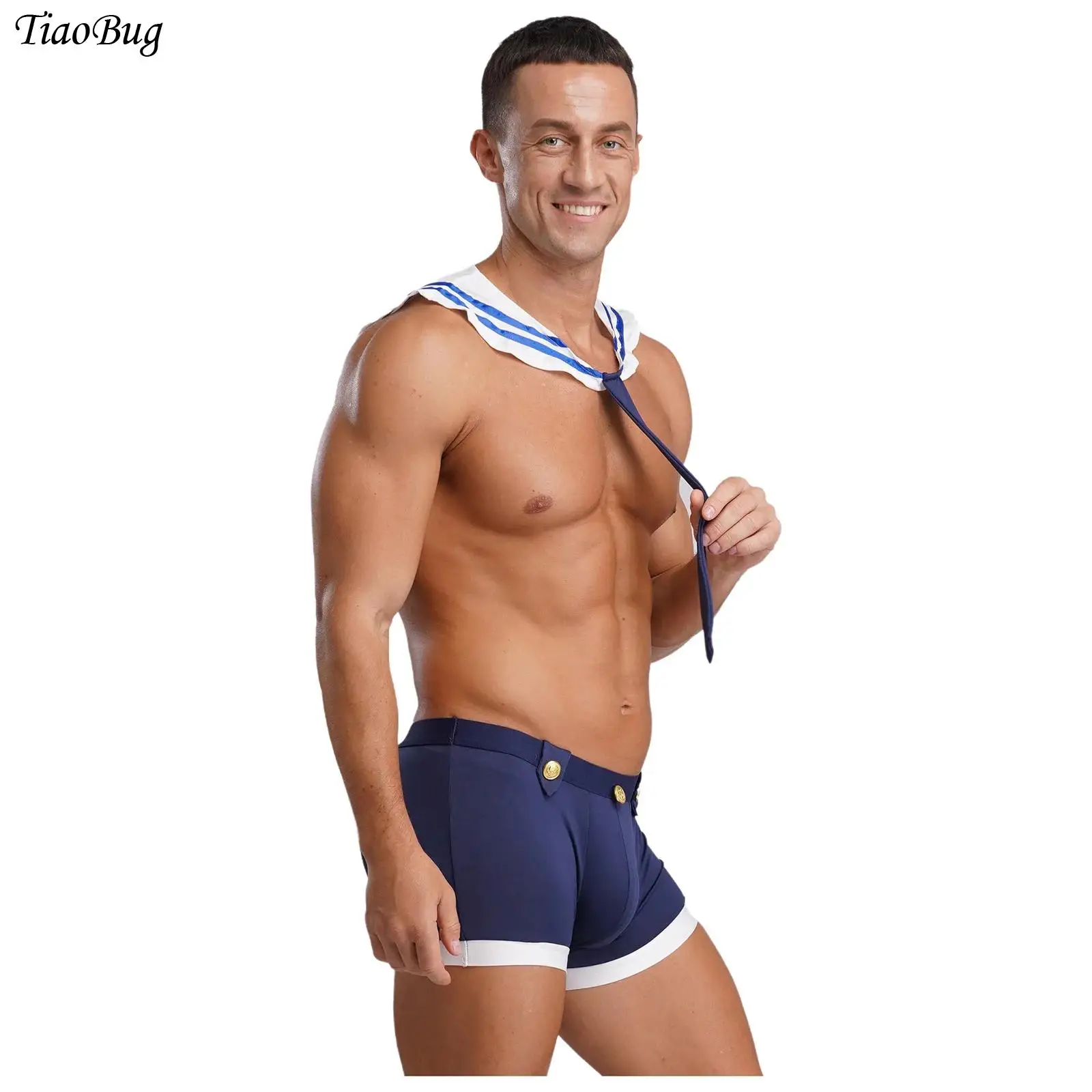 

Men Halloween Cosplay Sailor Costume Navy Sailor Captain Uniform Suit Collar with Necktie Bulge Pouch Boxer Shorts Performance