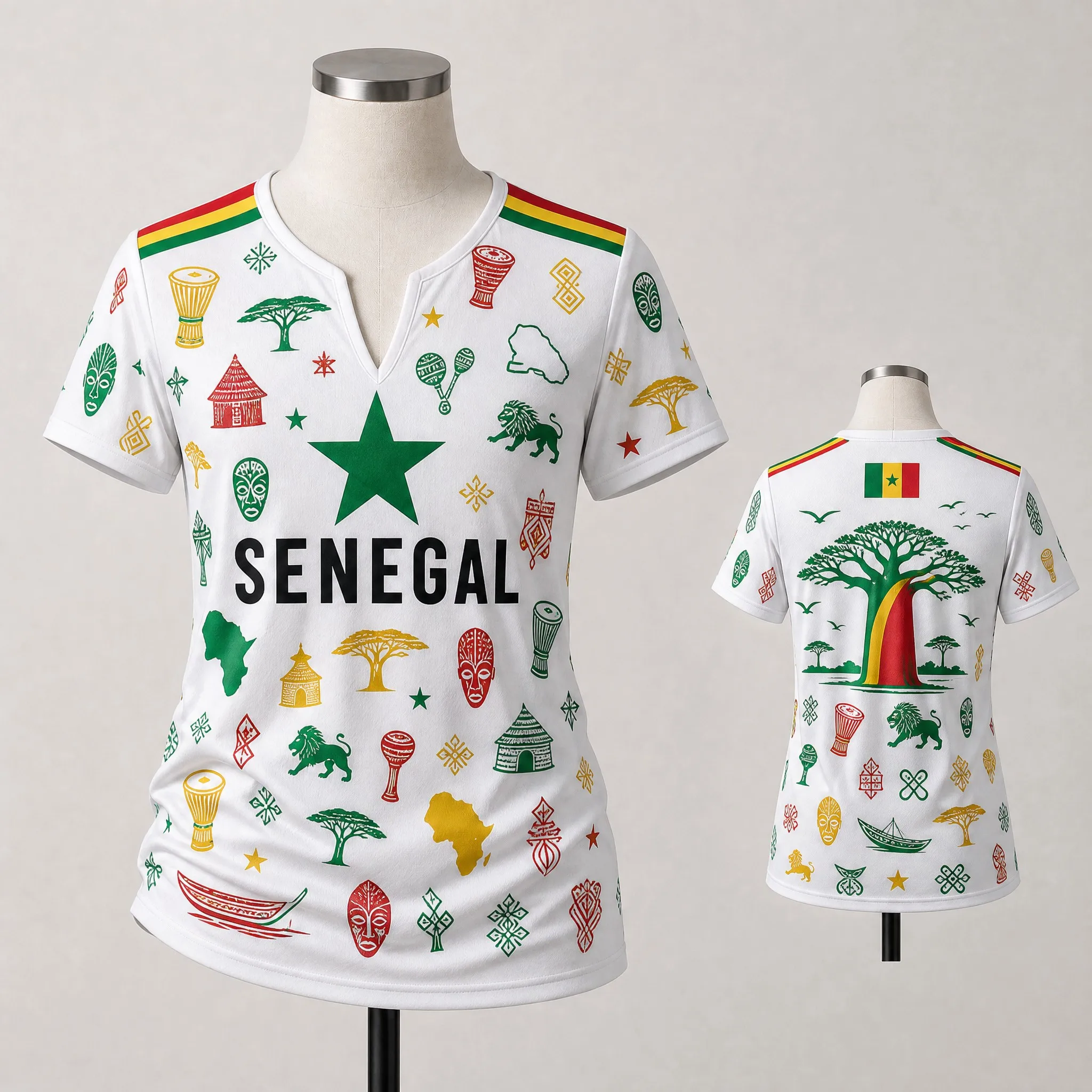 Womens Senegal Small V Neck T Shirt Green Yellow Lion Crest Print Short Sleeve Summer Casual Heritage Daily Streetwear Top Style