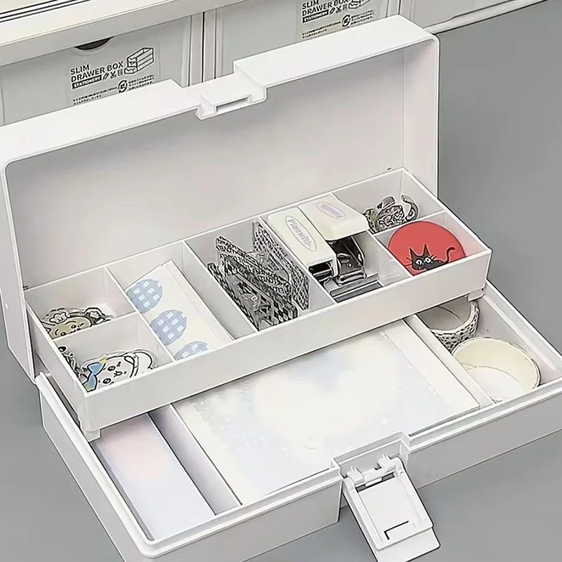 2 Layer Storage Box Flip Top Grid Organizer for Stationery Badge Sewing Supplies Handmade Journal Desk Container