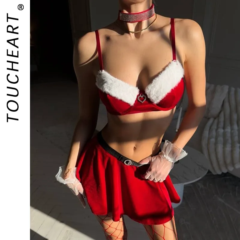 

Toucheart Christmas Lingerie with Bodycon Dress Sexy High Waisted Gather Together Women Seductive Elegant Underwear Split Kit