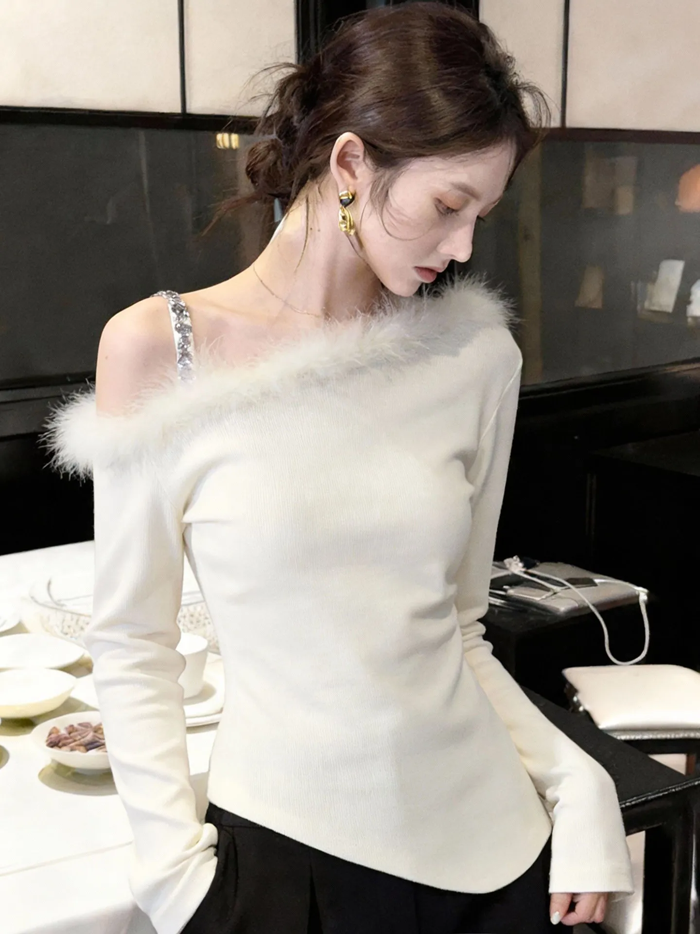 

Slim Fit Knitted Base irt Women's Early Spring Inner Wear Miu Sle One oulder Top Warm Soft Pure Color Casual Daily Wear