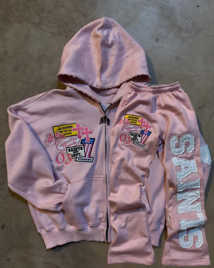 American Vintage Pink Hooded Zip Up Sweatshirt Set Side Letter Print Streetwear…