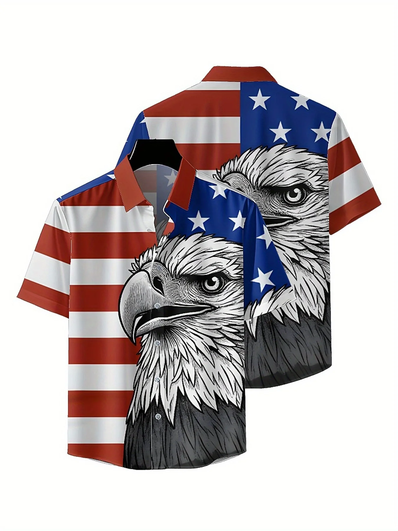 Men's Plus Size Hawaiian Shirts American Flag and Bald Eagle Pattern, Button Up Shirts, Unisex Casual Clothing, Summer Tops