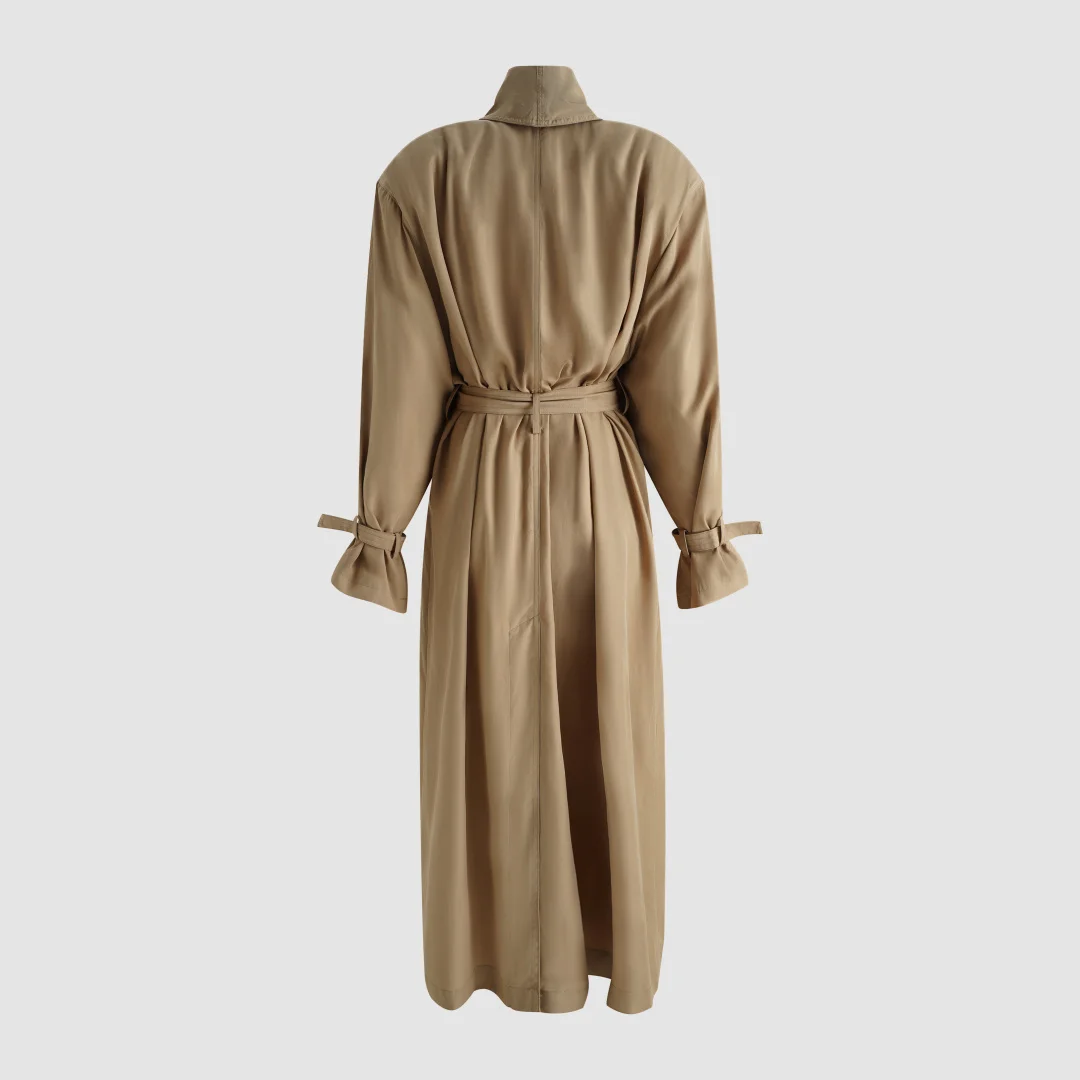 2026 Women Shawl Collar Trench Coat Long Open Front Lapel Robe Style Windbreaker Belted Waist Cuff Buckle Loose Maxi Outerwear