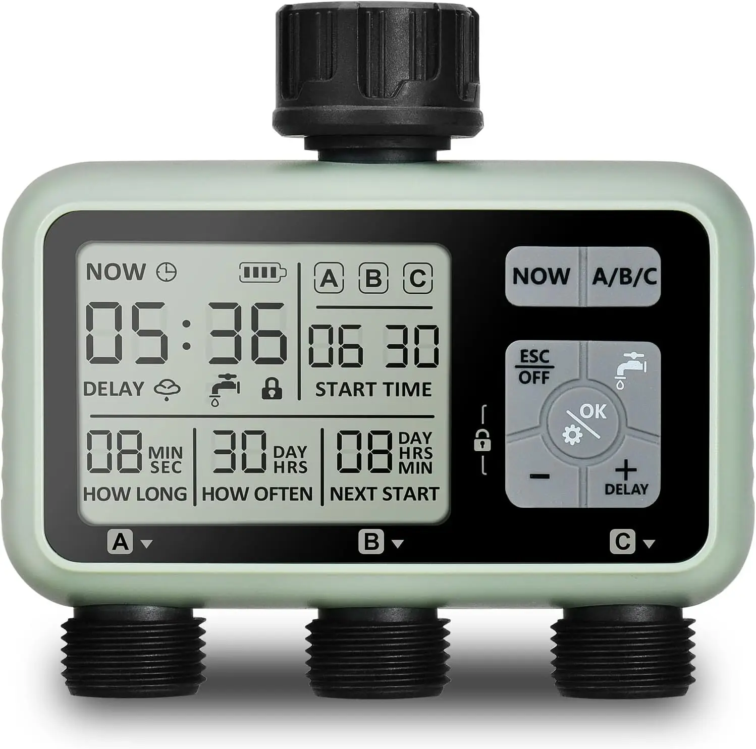 

Watering Timer 3 Zone, Programmable Sprinkler Timer with Rain Delay, Outdoor Hose Faucet Timer for Garden Irrigation