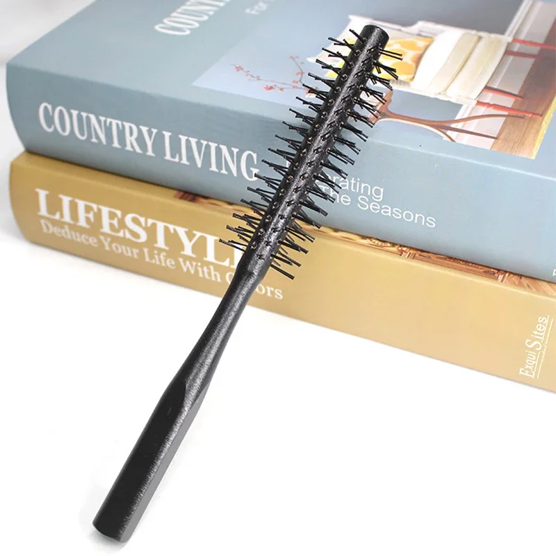 Mini Round Nylon Hairbrush Curly Hair Styling Comb Rolling Comb Round Brush for Thin or Short Hair Men with Wooden Handle