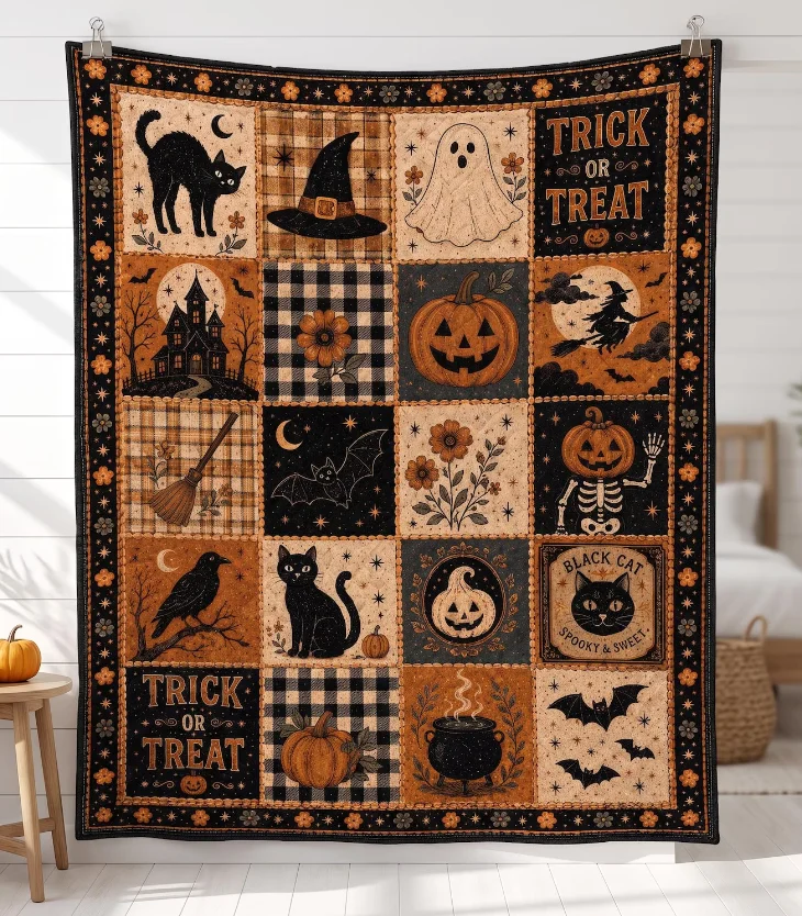 Halloween Quilt Blanket, Black Cat Ghost Pumpkin Throw, Spooky Bedding Decor Patchwork Blanket, Cozy Fall Halloween Home Decor