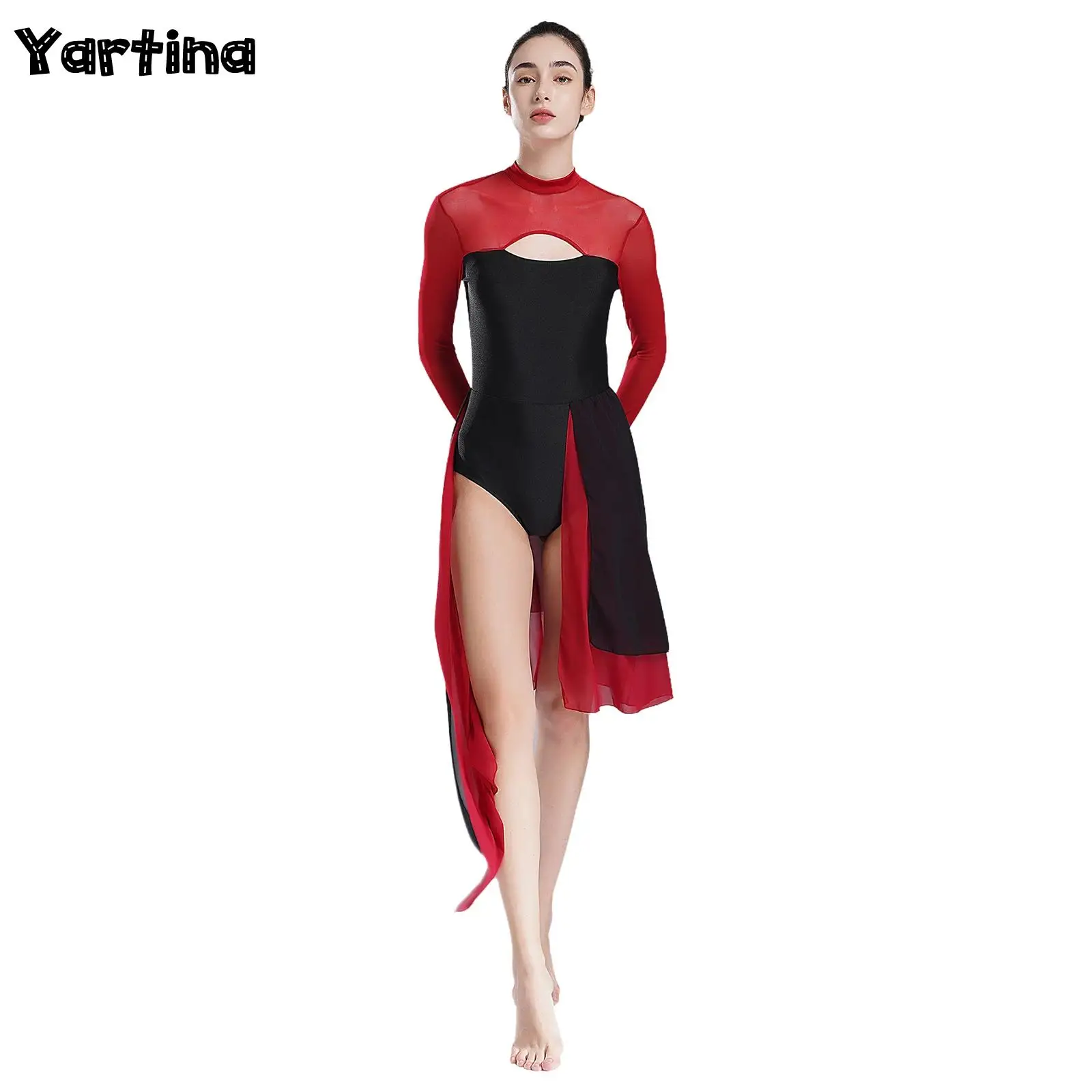 

Womens Ballet Lyrical Dance Bodysuit Dresses Cutout Backless Open Front Irregular Gymnastics Leotard Figure Skating Costumes