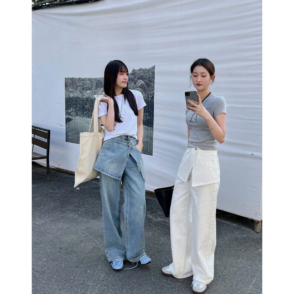 Detachable Two-in-One Jeans Drag Length Pants with Skirt Overlay Layering Wide Leg Denim Pants for Women 2025