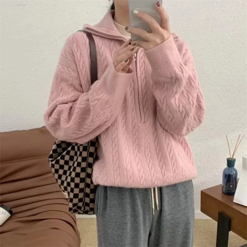 Autumn Oversize Knitted Sweater Women Vintage Pullover Baggy Long Sleeve Zipper Sweaters Lady Half High Collar Korean