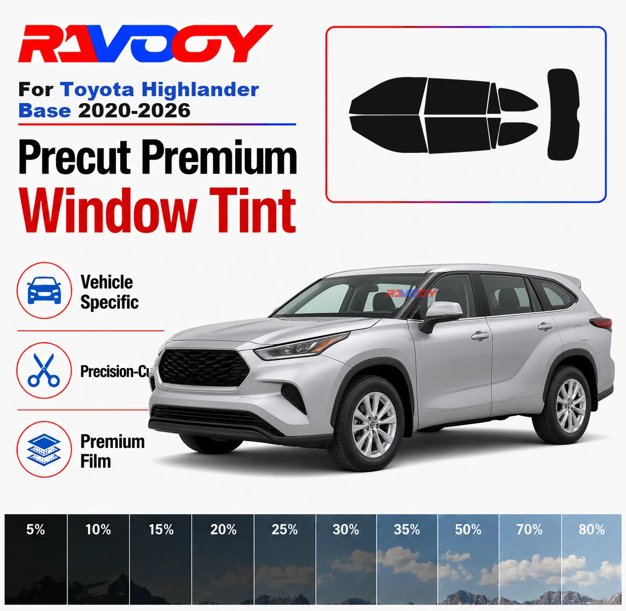 

Premium Precut Window Tint Kit Front Windows Rear Windows Rear Windshield For Toyota Highlander Base 2020-2026 Nano Ceramic Film