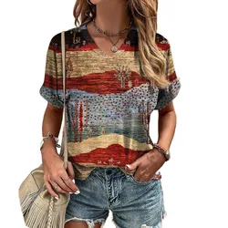 Retro Women's T-Shirt Summer V-Neck Short Sleeve Tee Casual Harajuku Stripe Print T-shirt for Women Streetwear Pullover Tops New