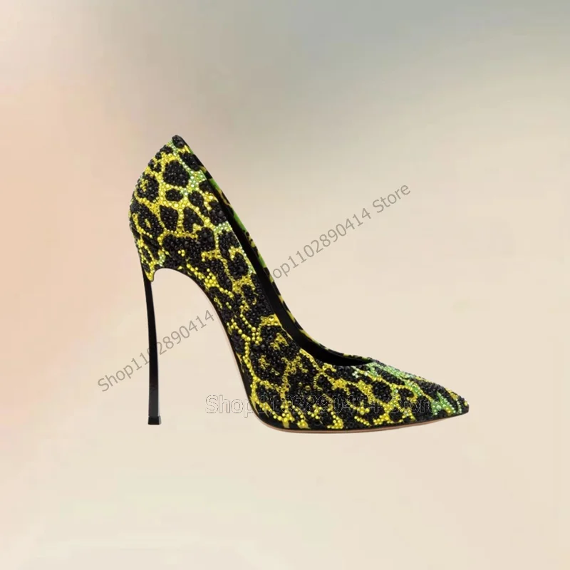 Leopard Print Rhinestone Decor Pointed Toe Pumps Slip On Women Shoes Thin High Heels Fashion Banquet 2023 Zapatos Para Mujere