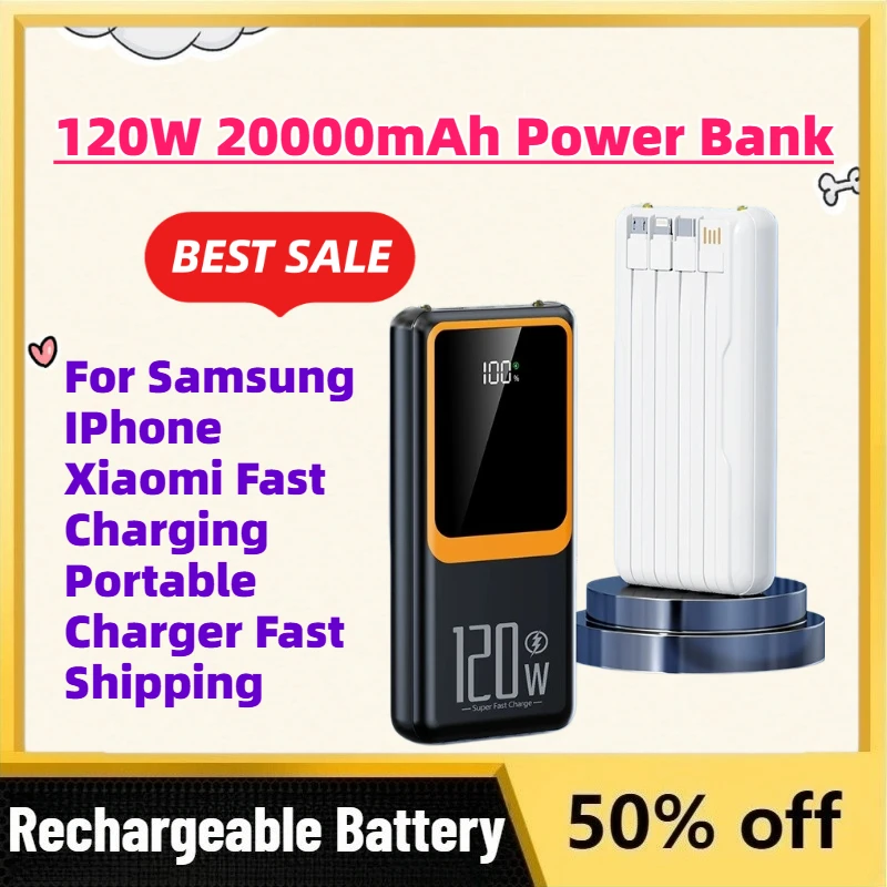 New 120W 20000mAh Power Bank External Large Battery for Samsung IPhone Xiaomi Fast Charging Portable Charger Fast Shipping
