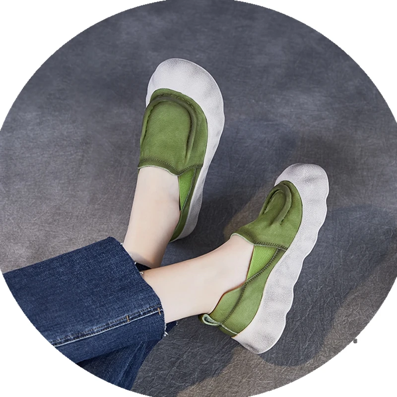 

Women's Comfortable Loafers Cow Leather Ugly Casual Wide Toe Retro Wild Driving Flats Soft Green Kids Walking School Shoes