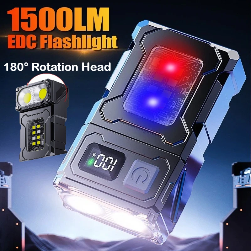 1500LM 180° Rotatable Head EDC Flashlight 8Lighting Mode TypeC Charge LED Power Display Power Bank for Camping Hiking Emergency