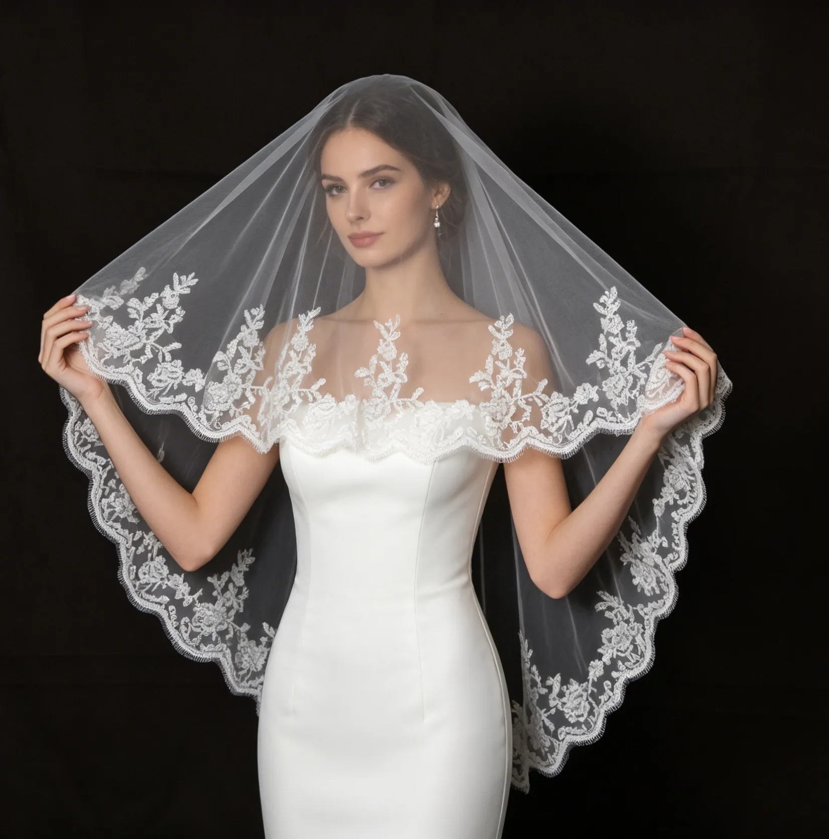 Wedding Veil 2 Tier Floral Embroidered Lace Scalloped Edge Blusher Tulle Fingertip Bridal Veil with Comb (White/Ivory)G199