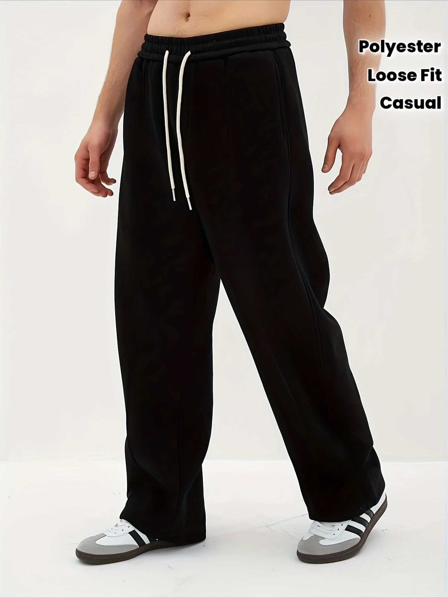 

Мужские всесезонные черные спортивные штаны с широкими штанинами, эластичным поясом и белыми повседневными брюками для фитнеса на шнурке.