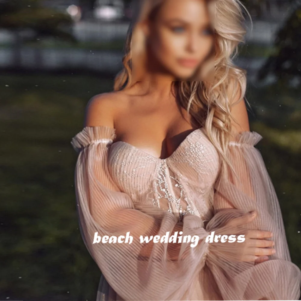 Vestido De novia De tul con escote corazón De playa, vestido De novia De encaje con cuentas, cuello en V, manga acampanada, Espalda descubierta, corte en A, cola De corte