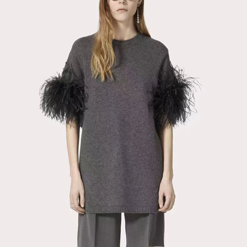 

Women's Ostrich Feather Patchwork Sweater, 100% Wool Crew Neck Pullover, Short Sleeve Top, Stretch Knit, Fall 2024 New Fashion