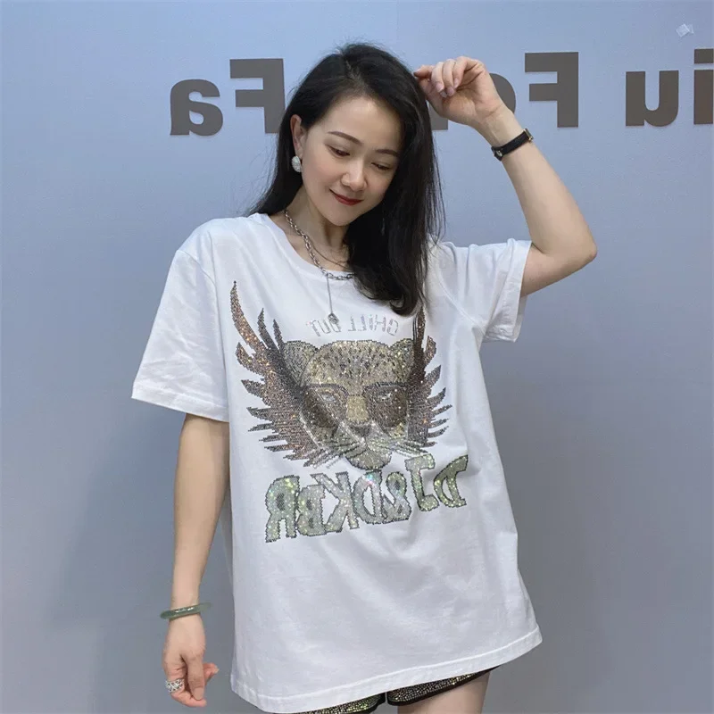 Fashion Hot Drilling Short Sleeve Knitted Top Womens Clothing Summer Cartoon Pattern Casual Round Neck Loose T-shirts Female