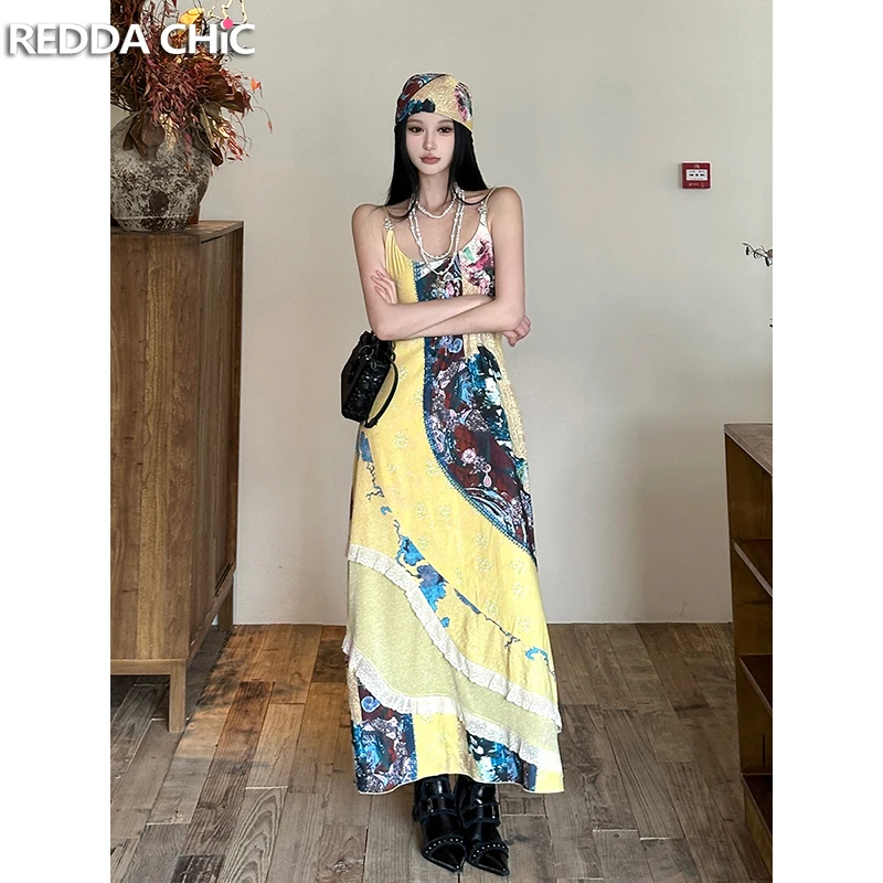 

ReddaChic женский сарафан в форме змеи с пряжкой без рукавов и кружевной отделкой трапециевидной формы, свободное длинное платье макси с открытой спиной, винтажная одежда в стиле бохо