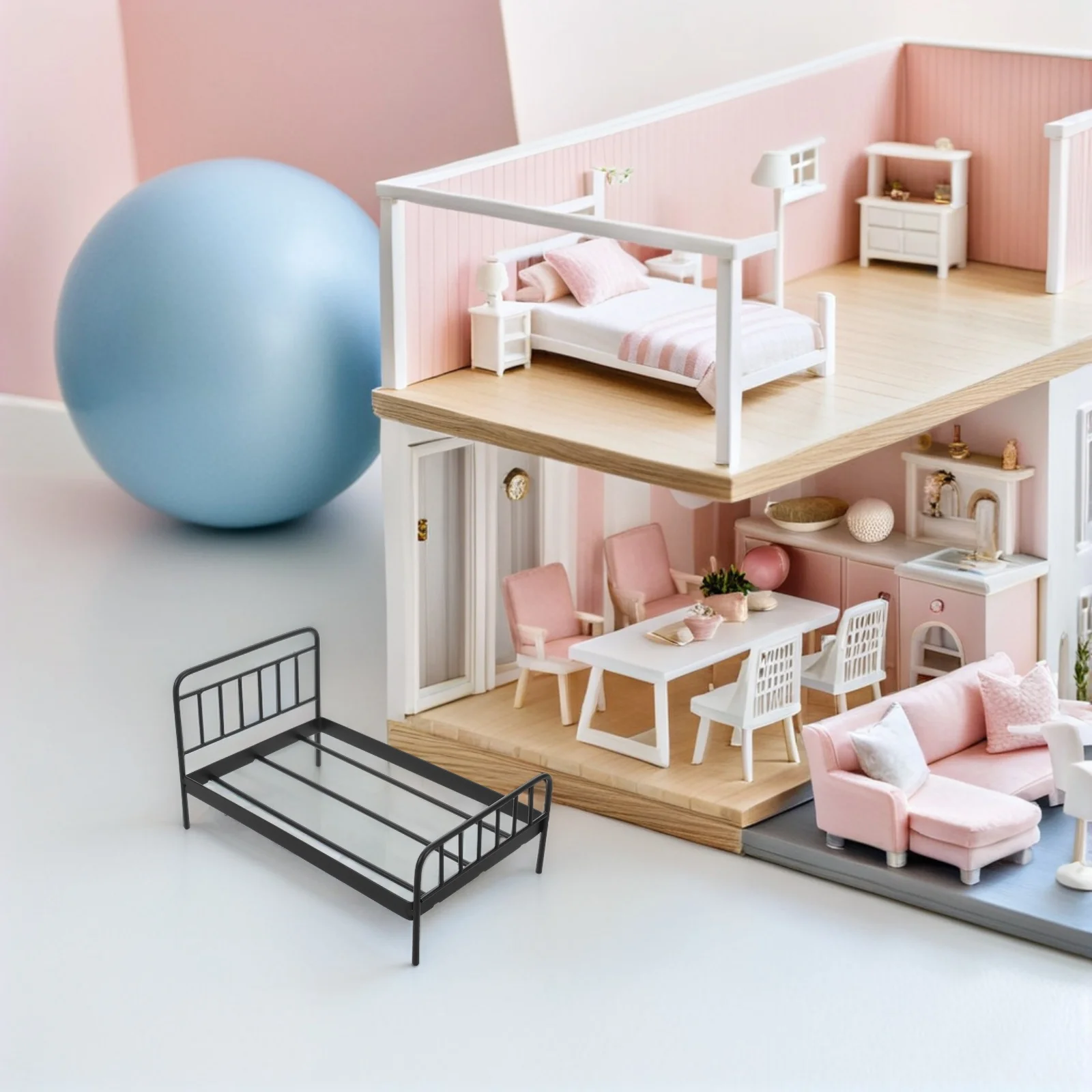 أثاث مصغر سرير بيبي حديد مقلد دمية سرير للعب التظاهري الحضانة المشهد زينة سرير صغير بطابقين منزل صغير