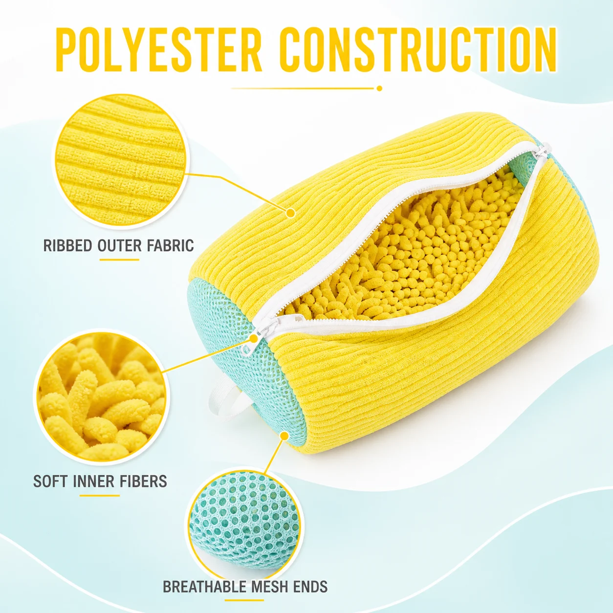 Yellow Corduroy Zipper Bag with Fluffy Chenille Lining, Makeup Toiletry Pouch with Blue Mesh Ends, Cosmetic Wash Organizer
