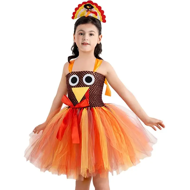 Thanksgiving Turkey Tutu Soft Breathable Girls Bowknot Dress with Headband Kids Cosplay Clothes Cute Holiday Costumes