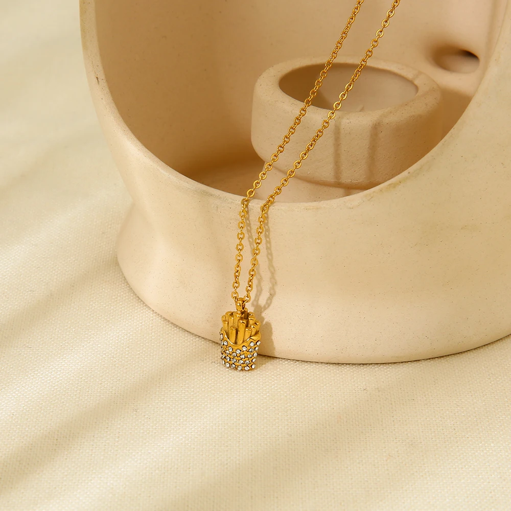Stylish Cute Rhinestone Paved Fries Pendant Necklace 18K Gold Plated Stainless Steel Necklaces Waterproof Jewelry Gift