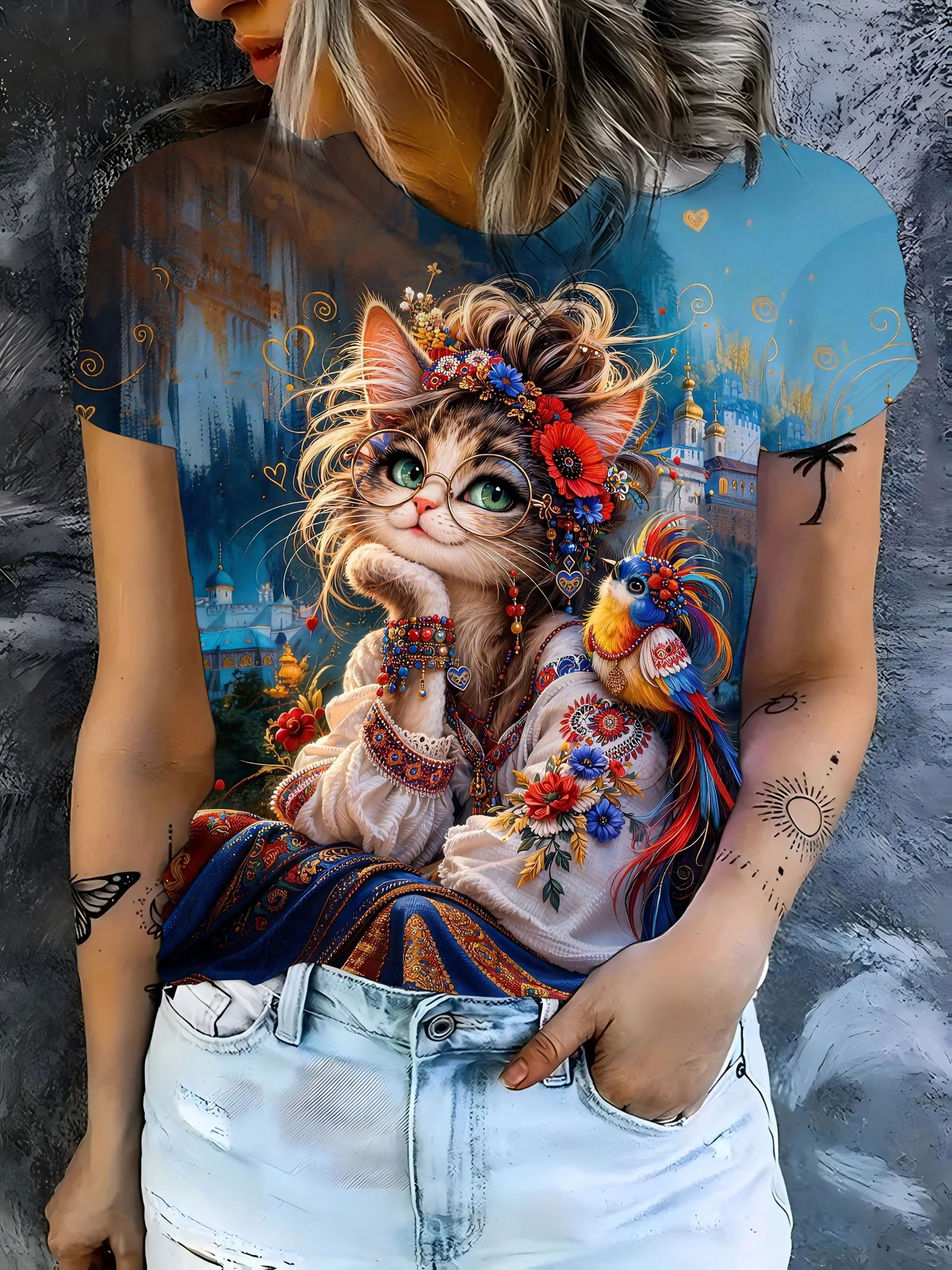 Women Crew Neck Short Sleeve T‑Shirt, Boho Ethnic Style Cat Parrot Folk Art Floral Graphic Tee