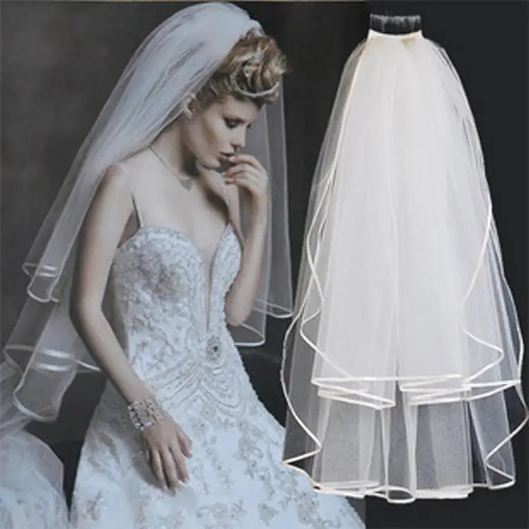 Short Tulle Lace Edge Veil, Duas Camadas, Fita, Barato, Simples, Elegante, Acessórios Do Casamento