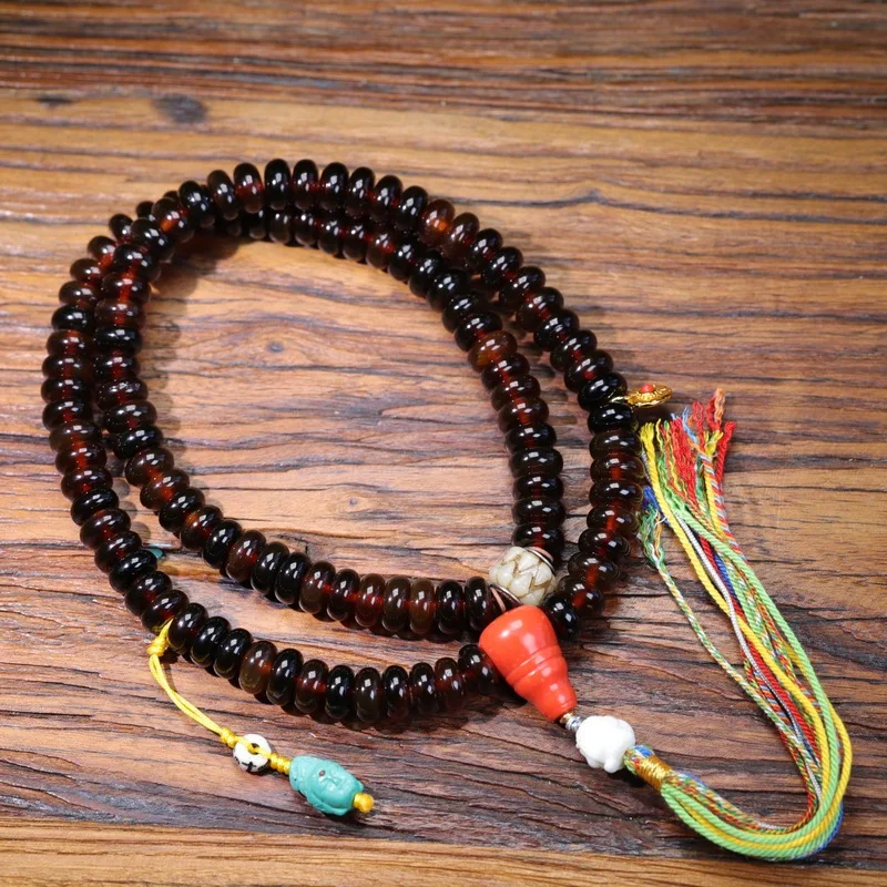 Natural Blood Golden Jasper 108 Bead Abacus Bracelet with Multiple Loops, Imitation Coral, Turquoise, and Deer Antler