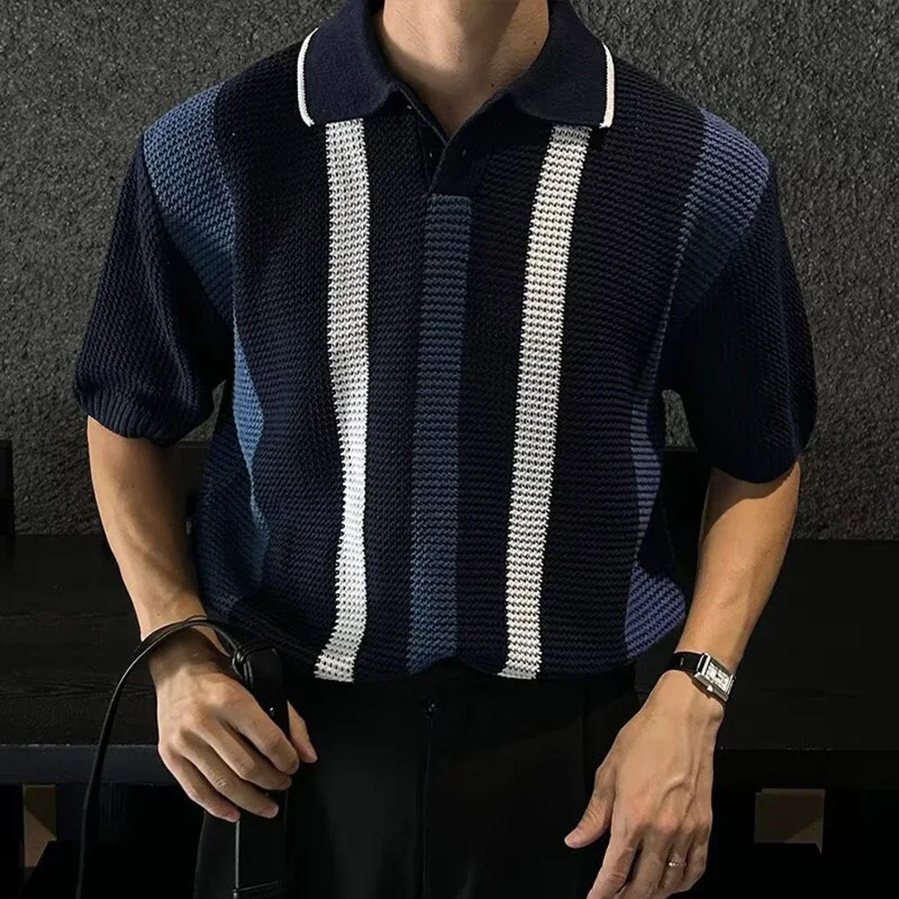 

Sleek Men's Loose Fit Knit Shirt Featuring Eye Catching Colorful Stripes Ideal for Outdoor Adventures This Season