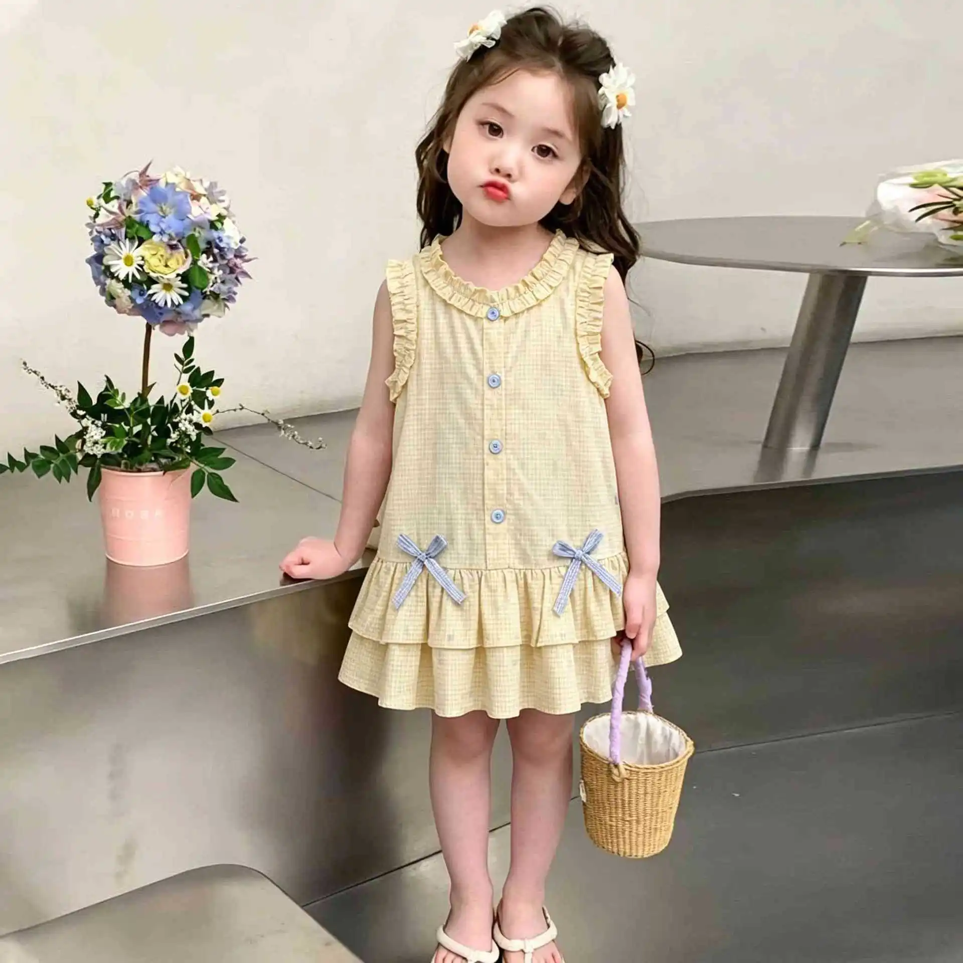 Summer New Korean Version Casual Cute Round Neck Sleeveless Lace Polka Dot Dress Bow for Girls Aged 2-6
