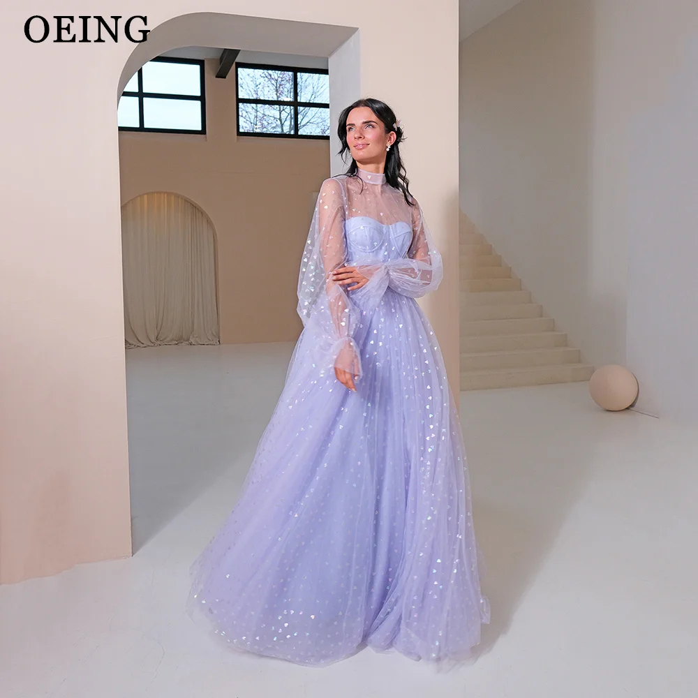 

OEING Lavender Tulle Prom Dress Fairy High Neck Wedding Party Dresses For Women Glitter Long Gala Evening Gown robes de soirée