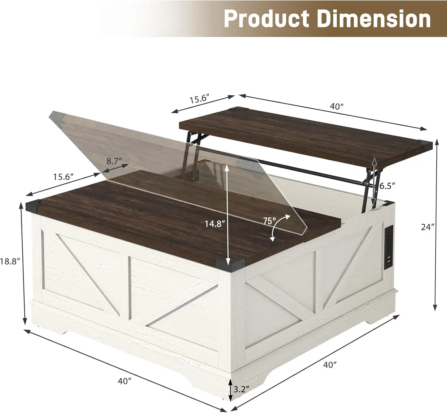 Large Hidden Storage, Square Wood Living Room Tables, Multi-Function Lift Wooden Barn Door Center Table, Rustic White