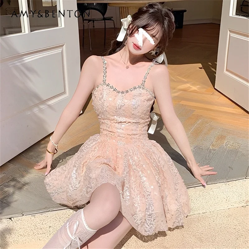 

Women's Clothes Light Pink Diamond Sexy Strap Dress Elegant Socialite Heavy Industry High-End Umbrella Princess Dress Party Wear