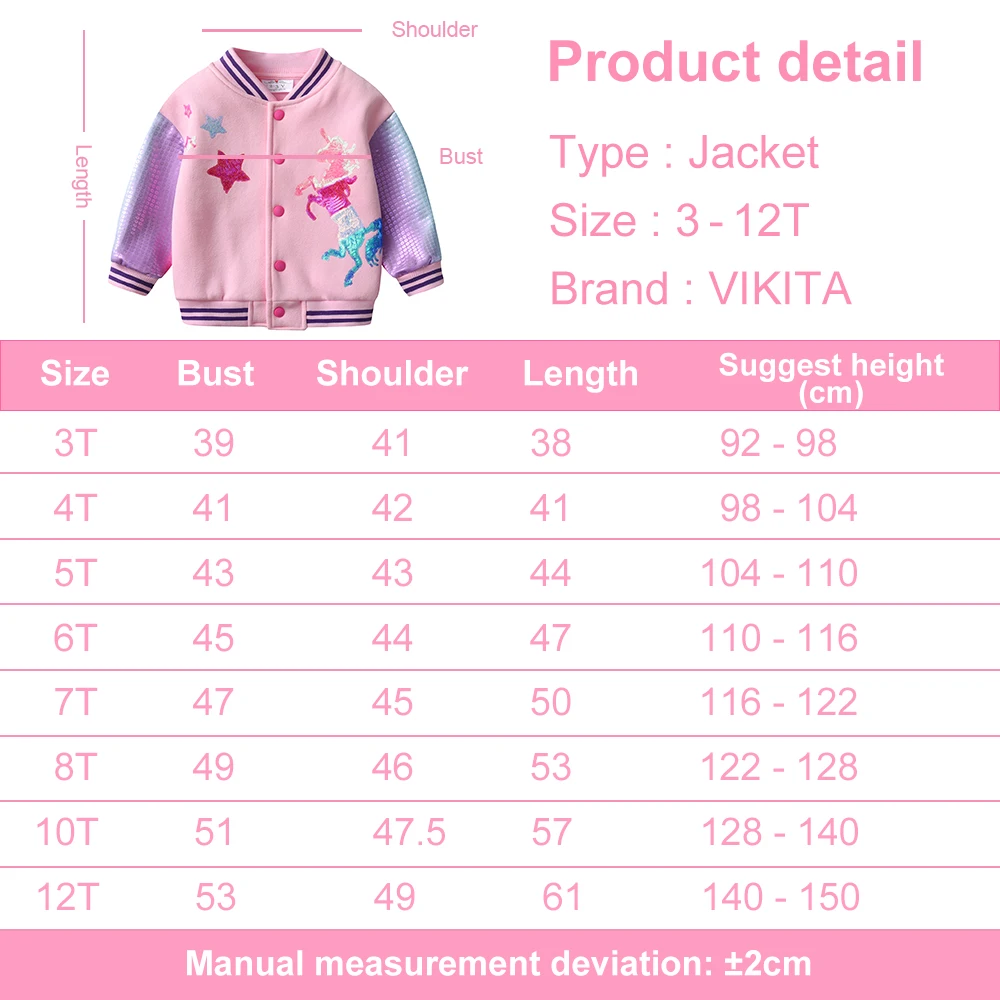 VIKITA Kids Autumn Winter Thick Jacket and Coat Girls Unicorn Sequined Appliqued Pink Outwear Kids Cotton Casual Sport Jackets