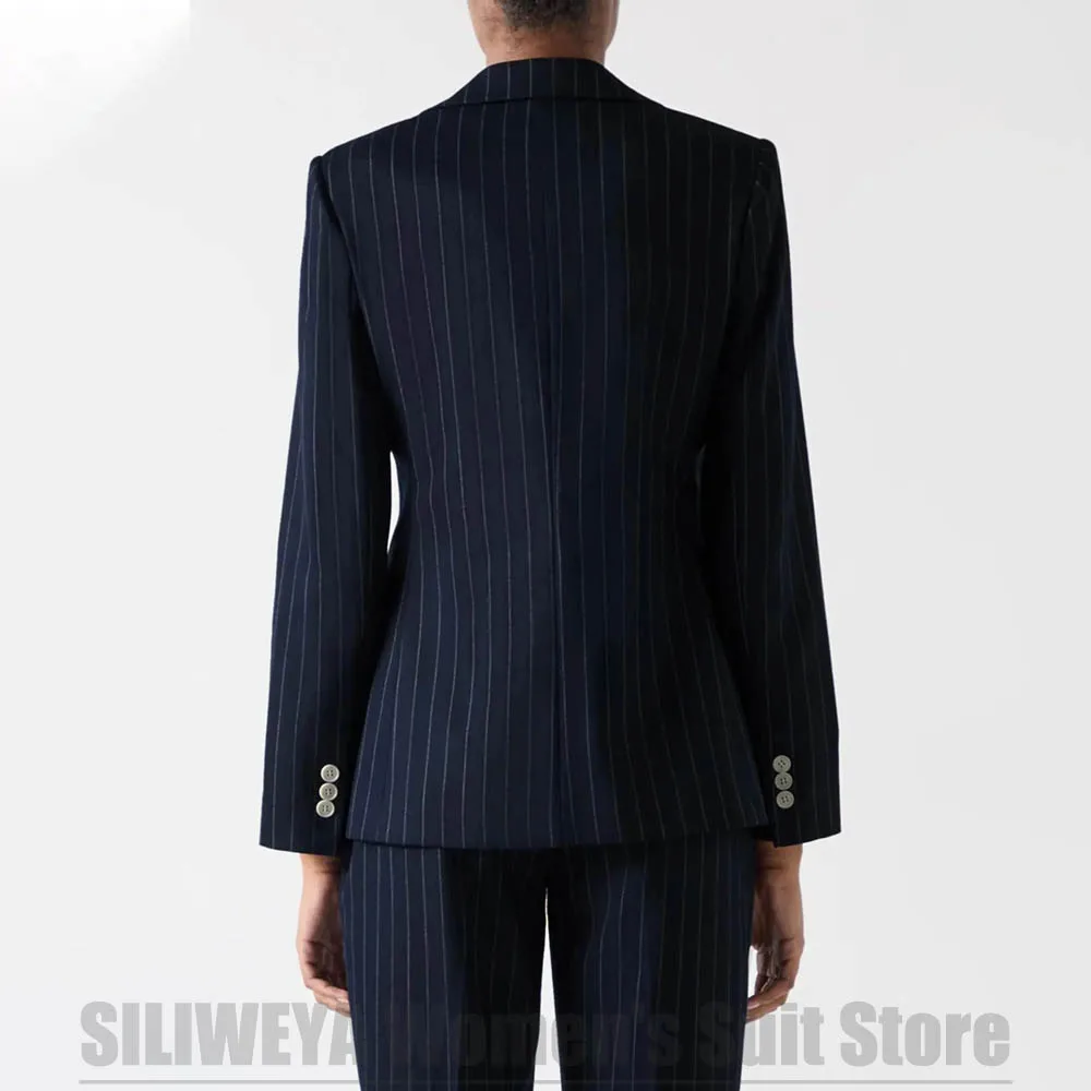 Women's Navy Blue Striped Suit Double Breasted Blazer and Pants Business Meetings Daily Wear Formal Office Outfit Two Piece