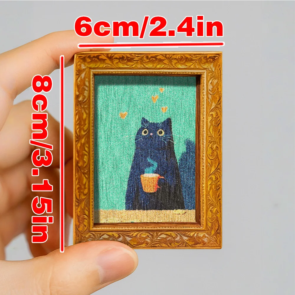 Vintage Carved Wood Frame Fridge Magnet, Cute Black Cat Drinking Coffee Art Refrigerator Sticker for Kitchen Decor & Cat Lover