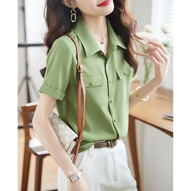 

Temperament Solid Short Sleeve Shirt Tops Women Clothing Summer New Polo Neck Button All-match Office Blouse Elegant Fashion