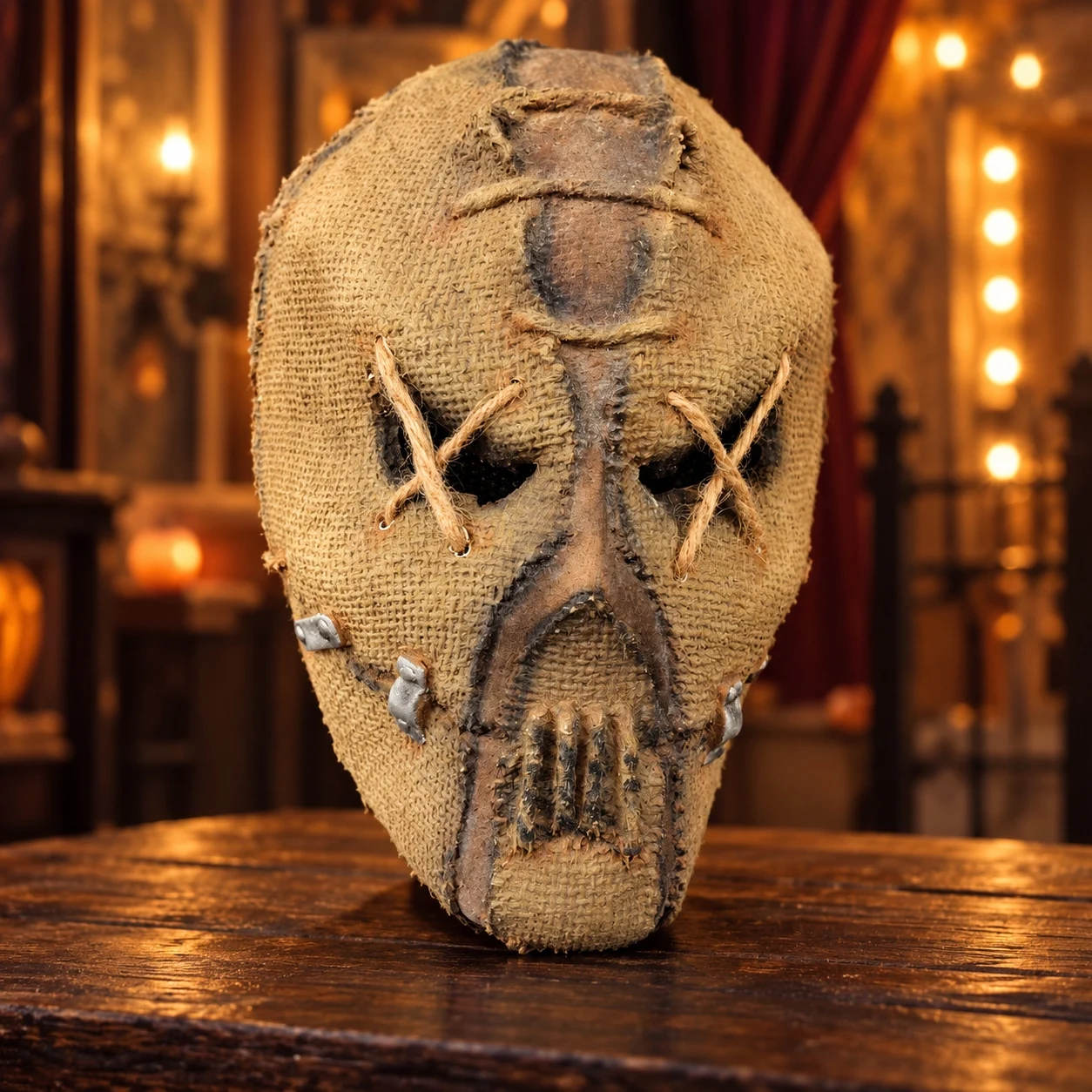 Totenkopfmaske im Jute-Look, Ganzkopf-Vogelscheuche-Kostümmaske mit X-Stich-Augendetails für Halloween-Party und Cosplay – Detail 9