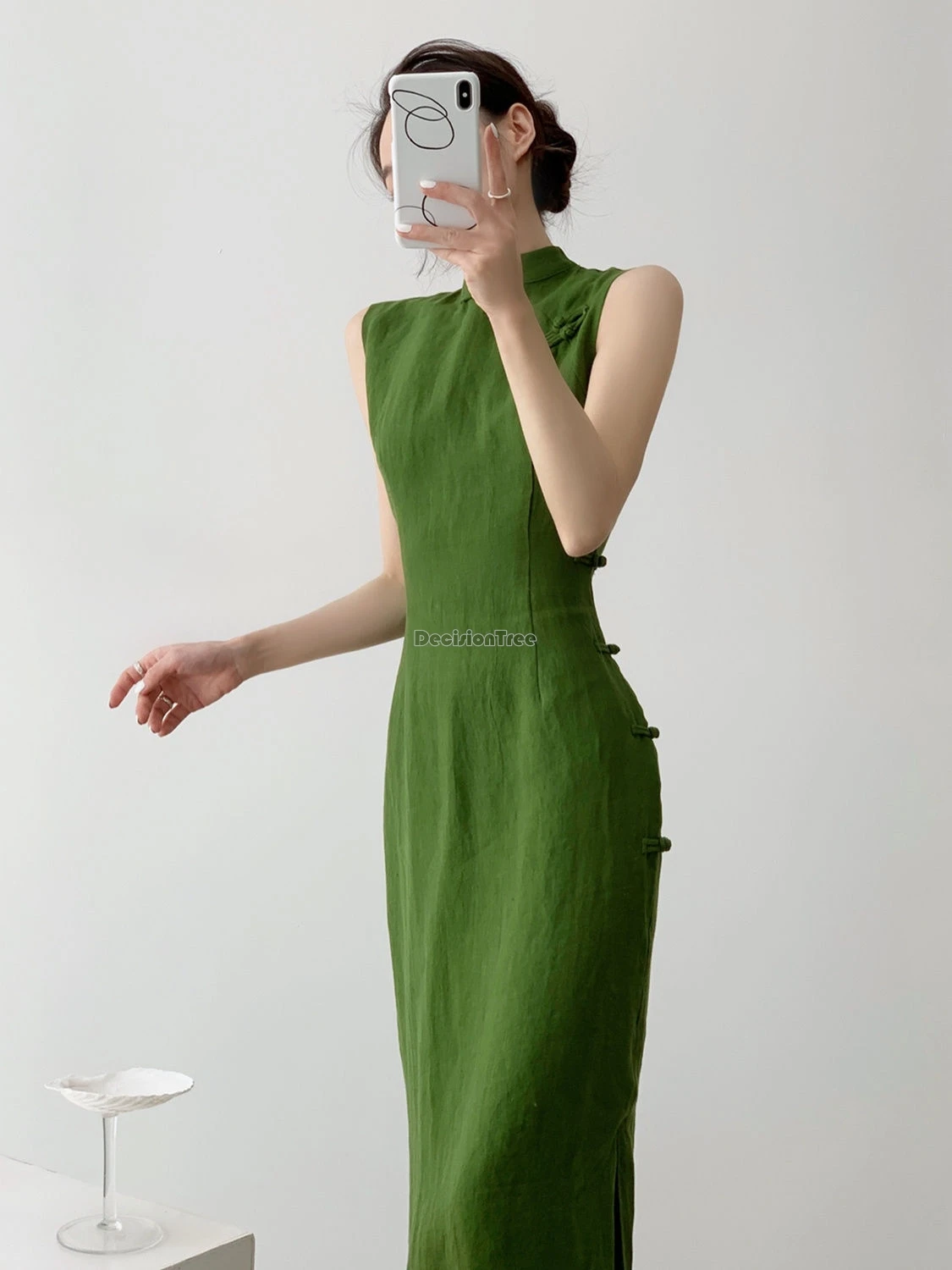 2024 vintage natural literature art dress chinese style daily improved leisure qipao sexy sleeveless waist cinching slit qipao