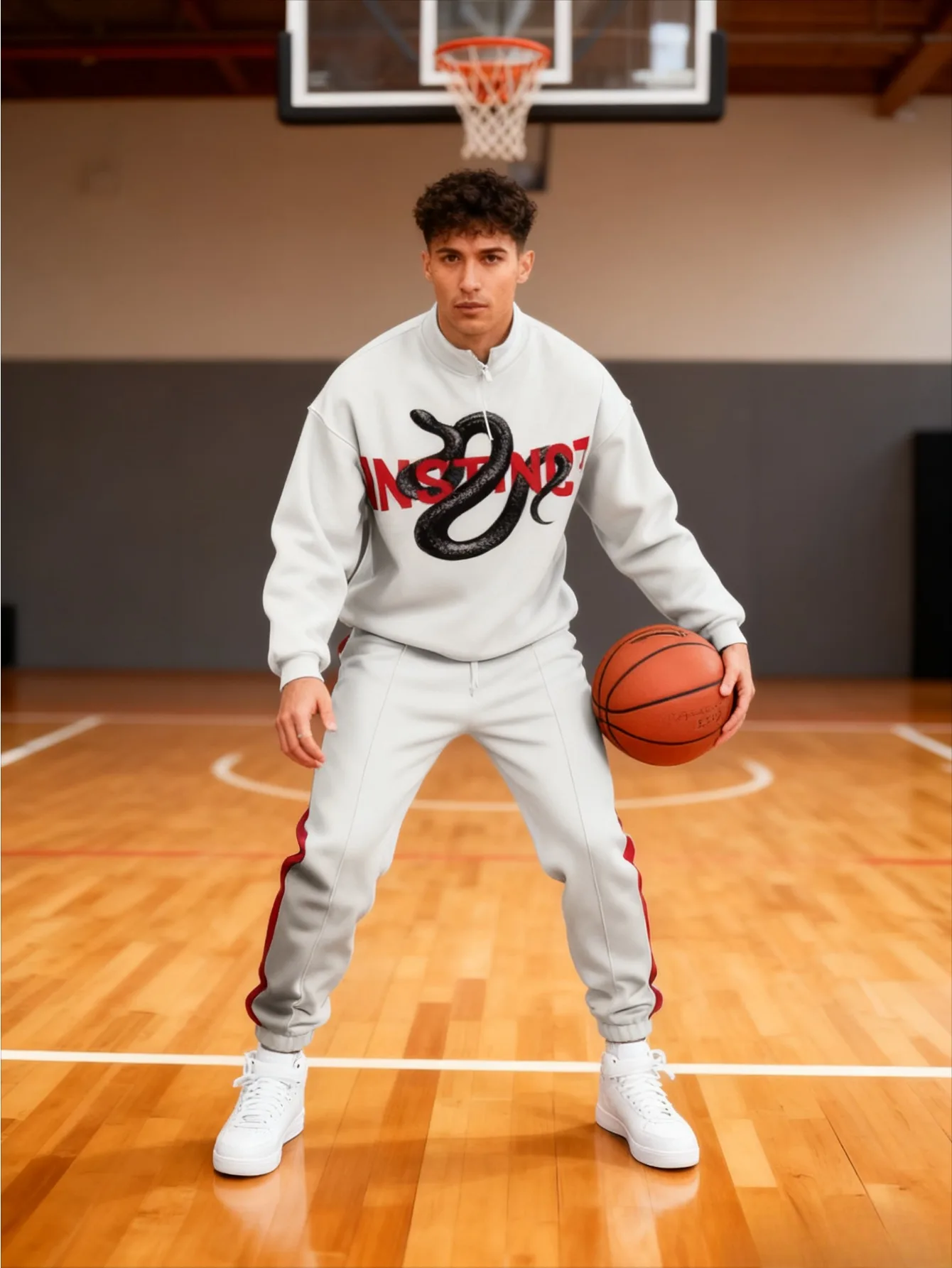 Conjunto deportivo con media cremallera y estampado digital para hombres europeos y americanos: tela de sudadera agradable para la piel de alta calidad