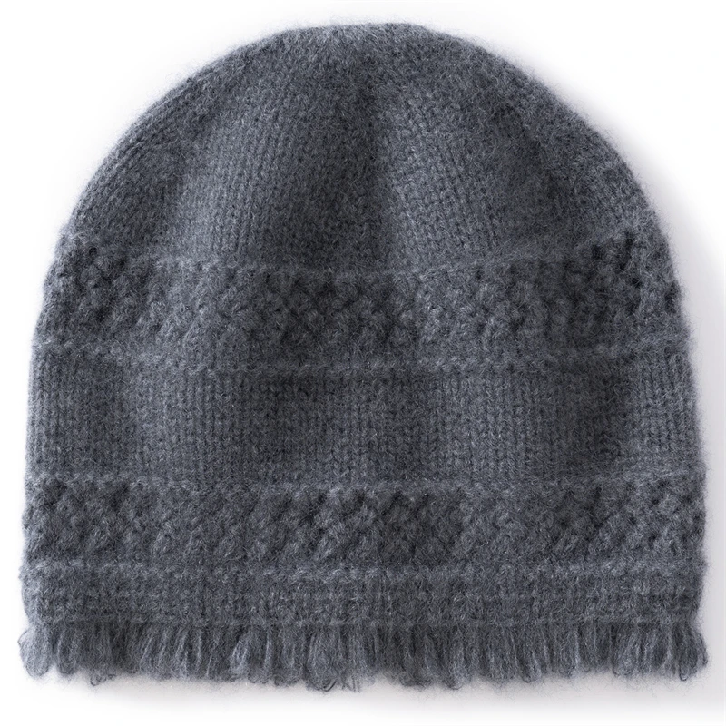 KOIJINSKY 100% Pure Cashmere Knit Beanie Textured Diamond Stitch Fringe Trim Warm Winter Red Hat for Women