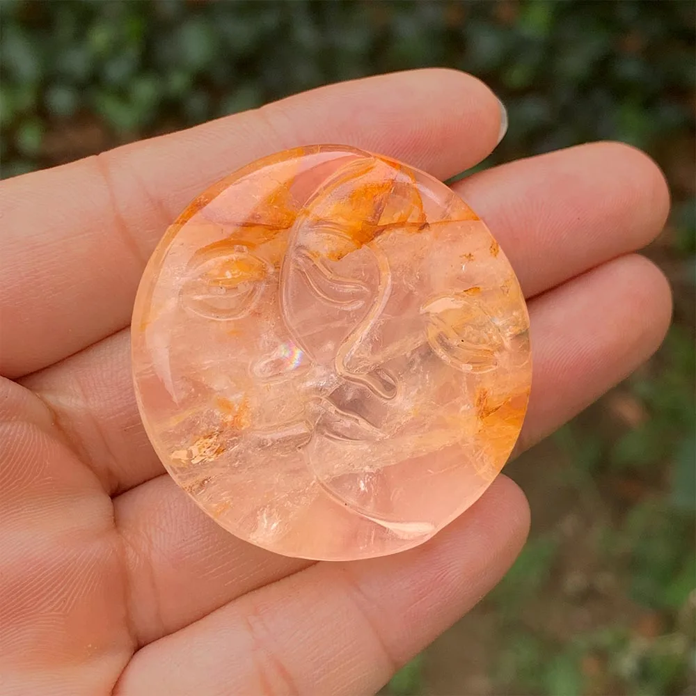 Natural Yellow Hematoid Quartz Sun and Moon Face Carving Hand Polished Crystal Disc Reiki Healing Energy Stone Wiccan Altar